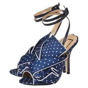 Pre Owned N21 Blue/White Knotted Polka Dot Fabric Gingham Ankle Wrap Peep Toe Sandals Size 36