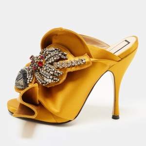 Nº21 Yellow Satin Crystal Knot Mules Size 38.5 