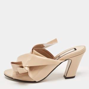 N21 Beige Patent Leather Raso Knot Block Heel Mules Size 38