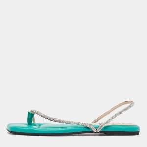 N21 Green Leather Crystal Embellished Slingback Sandals Size 38.5