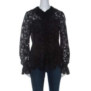 N21 Black Guipure Lace Pleated Ruffle Detail Long Sleeve Top S