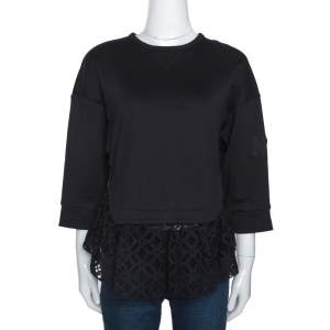 N21 Black Cotton Terry Eyelet Lace Trim Top S