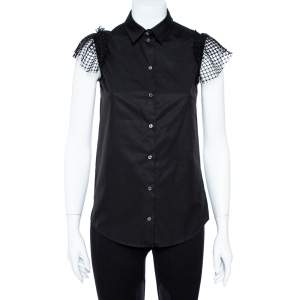 N21 Black Cotton Grid Lace Paneled Feather Trim Shirt XS
