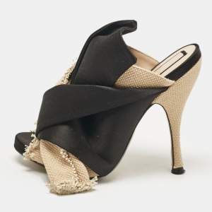 Nº21  Beige/Black Canvas and Satin Raso Knot Mules Size 35.5