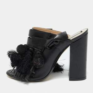 Nº21 Black Leather Tassel Fringe Block Heel Mules Size 40