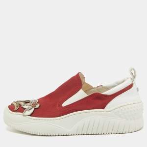 N21 Red Canvas Crystal Embellished Slip On Sneakers Size 37