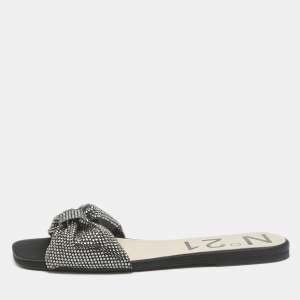 N21 Black Satin Crystal Embellished Bow Flat Slides Size 39 