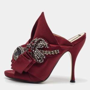 N21 Burgundy Satin Crystal Embellished Knot Mules Size 38