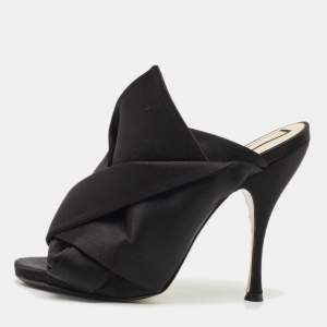 Nº21 Black Satin Raso Knot Peep Toe Mules Size 38.5