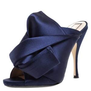 N21 Navy Blue Satin Raso Knot Peep Toe Mules Size 37.5