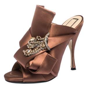 N21 Brown Embellished Satin Knot Mules Sandals Size 38