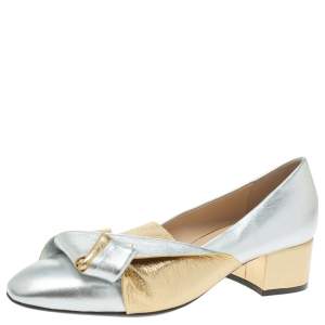 Pre Owned N21 Gold/Silver Foil Leather Knotted Round Toe Pumps Size 37.5