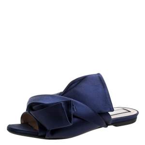Pre Owned N21 Blue Satin Knot Flat Mules Size 37