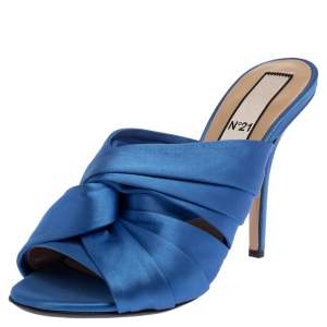 Pre Owned N21 Blue Satin Twisted Knot Mule Sandals Size 39