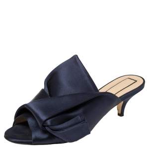 Pre Owned Nº21 Navy Blue Satin Raso Knot Peep Toe Kitten Heel Mules Size 37