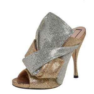 Pre Owned N21 Silver/Gold Glitter Knot Open Toe Slide Sandals Size 39