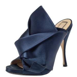 Pre Owned Nº21 Navy Blue Satin Raso Knot Peep Toe Mules Size 39