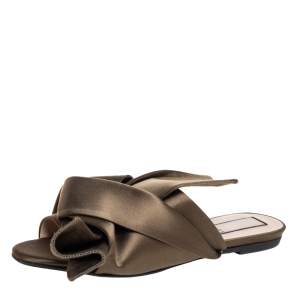 Pre Owned N21 Green Satin Knot Flat Mules Size 38