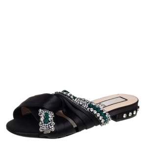 Nº21 Black Satin Crystal Embellished Knotted Flat Slides Size 37