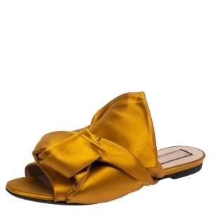 Nº21 Mustard Yellow Satin Knot Flat Mules Size 38
