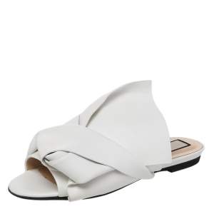 Nº21  White Leather Knot Flat Slides Size 37