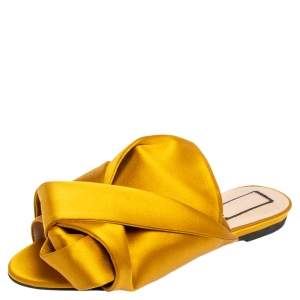 Pre Owned Nº21  Yellow Satin Knot Flat Mules Size 37.5