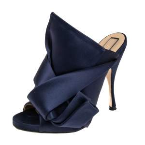 Nº21 Navy Blue Satin Raso Knot Peep Toe Mules Size 38 