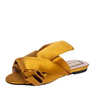 Pre Owned Nº21 Mustard Yellow Satin Knot Mule Flats Size 36