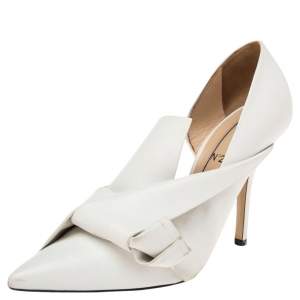 Nº21 White Leather Knot Pointed Toe Pumps Size 38