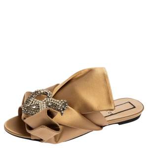 Nº21 Beige Satin Raso Knot Flat Slides Size 40