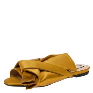 Pre Owned Nº21 Mustard Satin Knot Flat Mules Size 39