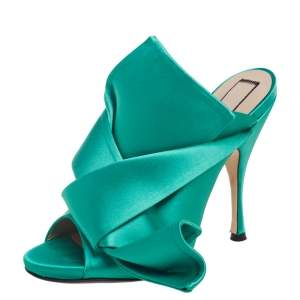 Nº21  Emerald Green Satin Raso Knot Peep-Toe Mules Size 38.5