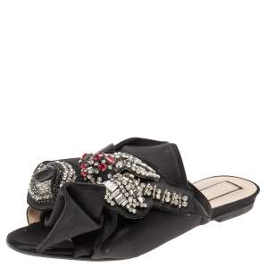  Nº21 Black  Satin Knot Embellished Flat Sandals Size 37