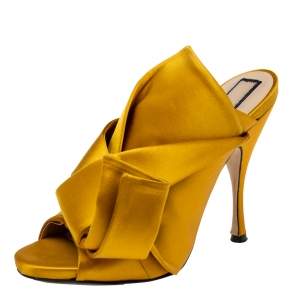 Pre Owned N°21 Mustard Satin Ronny Pleated Slide Sandals Size 38
