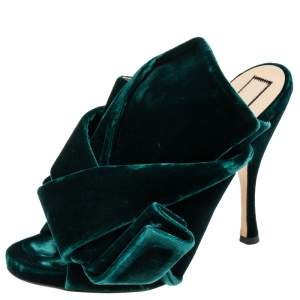 Pre Owned N21 Dark Green Velvet Knot Mules Size 38