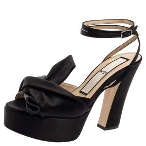 Pre Owned N21 Black Satin Knot Ankle Strap Platform Sandals Size 39