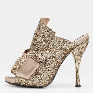 Pre Owned Nº21 Gold Glitter and Leather Knot Sandals Size 39.5