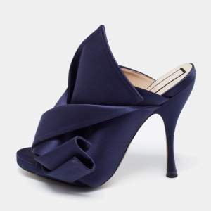 Nº21 Navy Blue Satin Raso Knot Peep Toe Mules Size 38