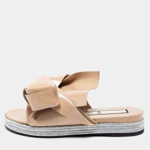 Pre Owned N°21 Beige Patent Leather Knotted Flat Slides Size 38