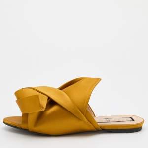  Nº21 Yellow Satin Raso Knot Peep Toe Flat Slide Mules Size 40