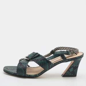 Pre Owned N21 Green Snakeskin Embossed Leather Buckle Detail Slingback Sandals Size 40