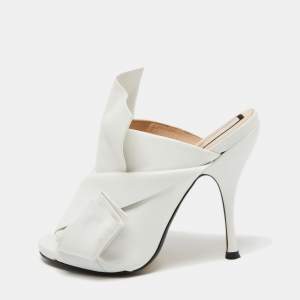 Nº21  White Leather Raso Knot Mules Size 37