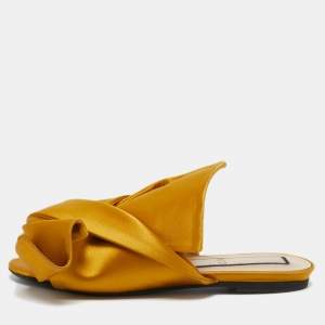 Nº21 Yellow Satin Raso Knot Peep Toe Flat Slide Mules Size 37