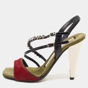 Pre Owned N21 Red/Black Leather and Calf Hair Crystal Studded Ankle Strap Sandals Size 36