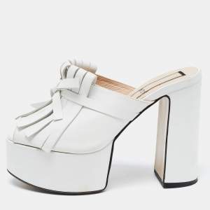 Pre Owned N21 White Leather Fringed Platform Mules Size 38