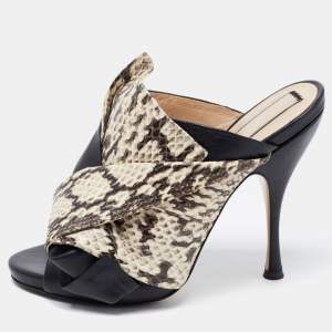 Pre Owned N21 Black/Beige Python  Leather and Leather Crystal Embellished Knot Mule Sandals Size 38.5