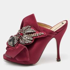 N21 Burgundy Satin Raso Knot Embellished Mules Size 39