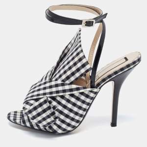 N21 Black/White Fabric Gingham Ankle Wrap Peep Toe Sandals Size 38.5