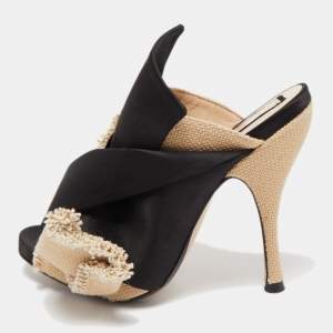 Nº21 Black/Beige Satin and Canvas Raso Knot Mules Size 36