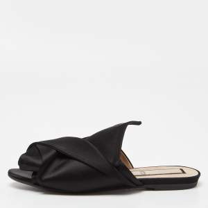 Nº21 Black Satin Raso Knot Peep Toe Flat Mules Size 38